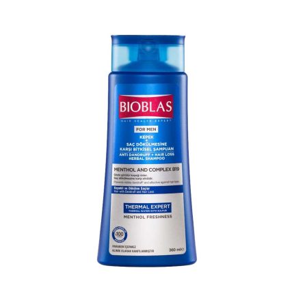 Bioblas Menthol and Complex B19 Anti-Dandruff and Hair Loss Herbal Shampoo for Men 360ml bottle and box
