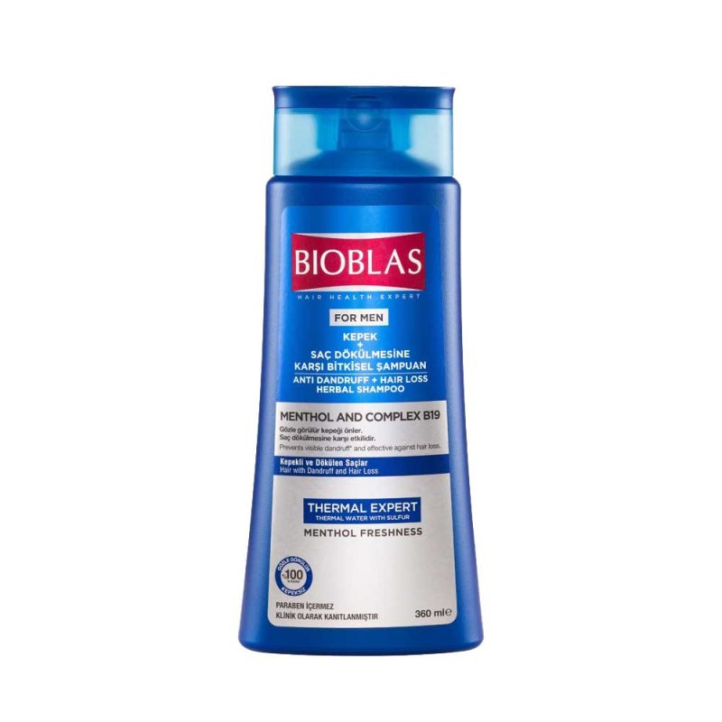 Bioblas Menthol and Complex B19 Anti-Dandruff and Hair Loss Herbal Shampoo for Men 360ml bottle and box