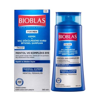 Bioblas Menthol and Complex B19 Anti-Dandruff and Hair Loss Herbal Shampoo for Men 360ml bottle and box
