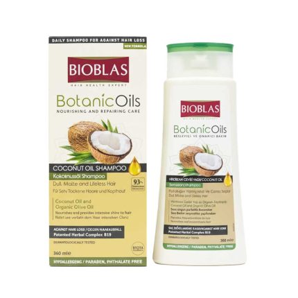 Bioblas Botanic Oils Coconut Oil Shampoo 360ml bottle for nourishing and repairing dry, damaged hair